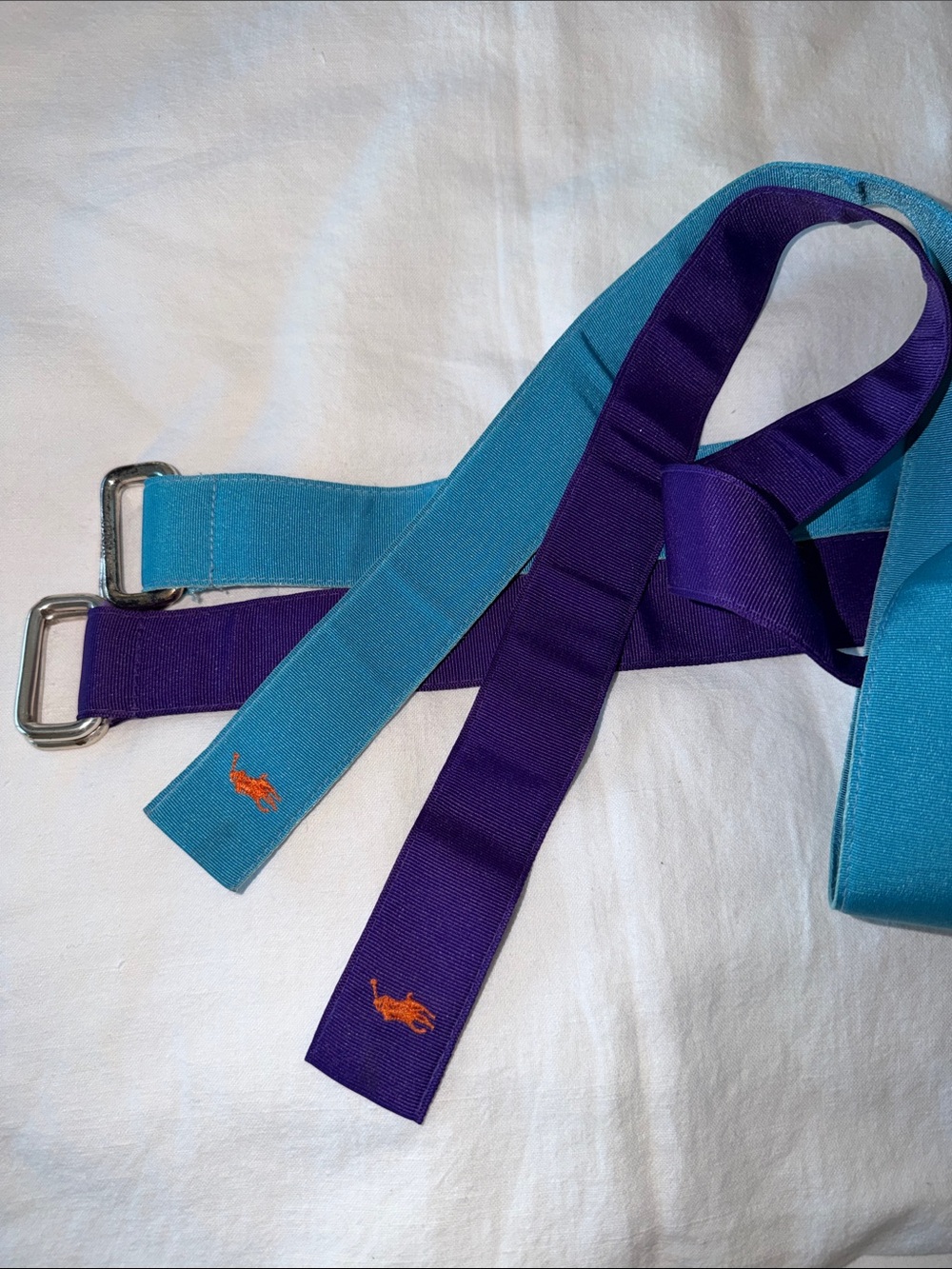 Ralph Lauren Set of 2 Purple and Turquoise Ribbon Belt with Orange Pony 42.5”